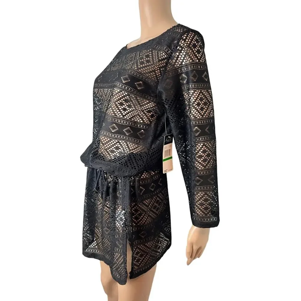 New Anne Cole Black Lace Long Sleeve Crochet Cinch Waist Swimsuit Coverup